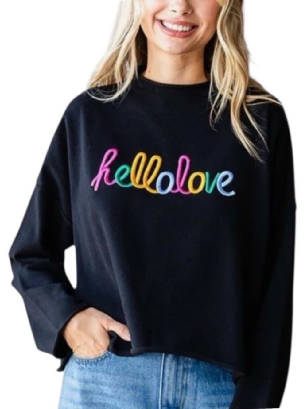 FIRST LOVE Black Sweater with an Embroidered “Hello Love” in Rainbow Trim